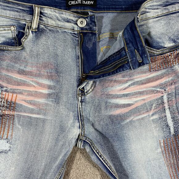 Create 2MRW Distressed Patchwork Skinny Jeans Men’s 36x34 Light Wash - Picture 9 of 12